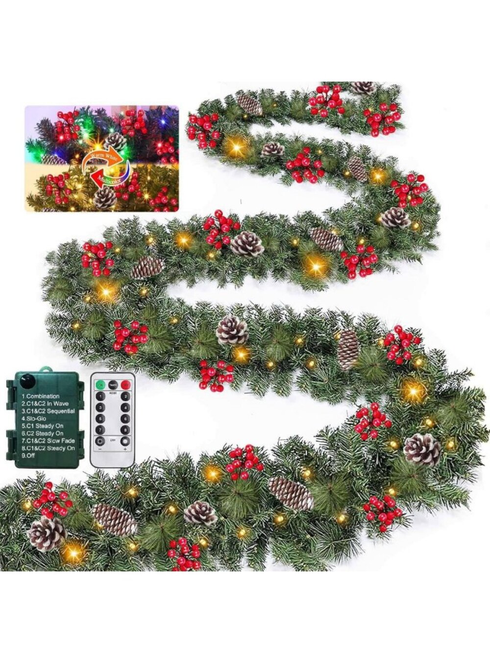Prelit 18 Ft Christmas Garland with Remote, 100 Warm White & Color Lights, 8